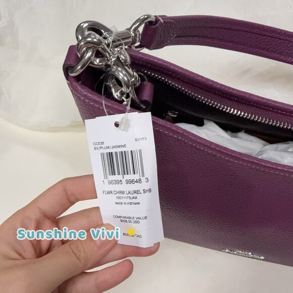 NWT Coach Laurel Shoulder Bag With Flower Charm In Leather CCE35 Plum/Jasmine - Picture 3 of 9